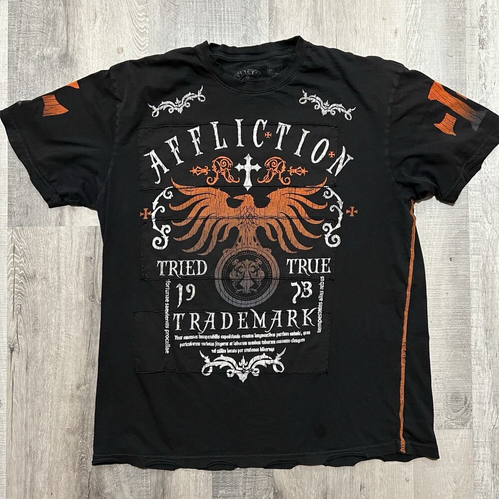 Affliction Shirt Mens 2XL Black Tried Truth Eagle Cross Biker Graphic Tee Buckle